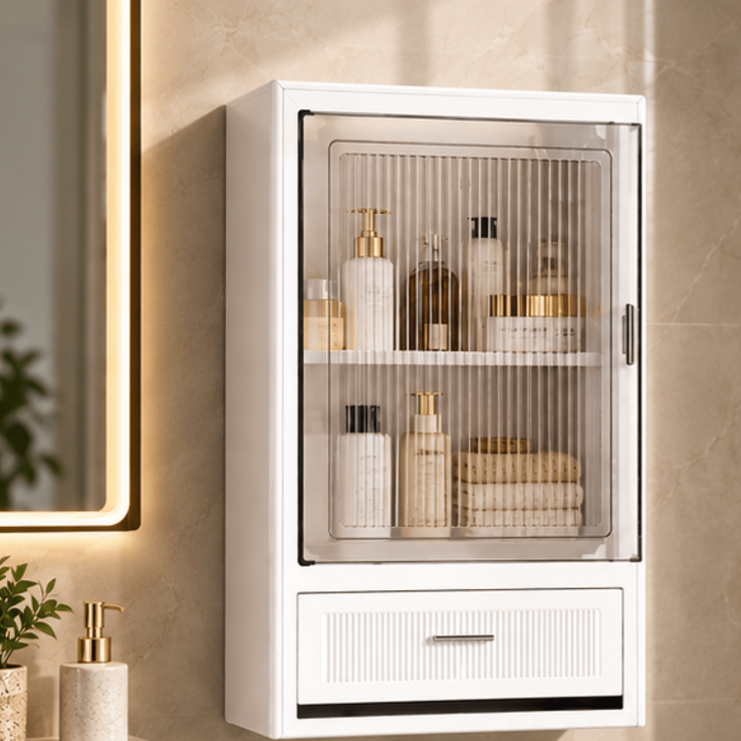 Wall Mounted Adjustable Shelves Storage Cabinet With Drawer & Magnetic Door