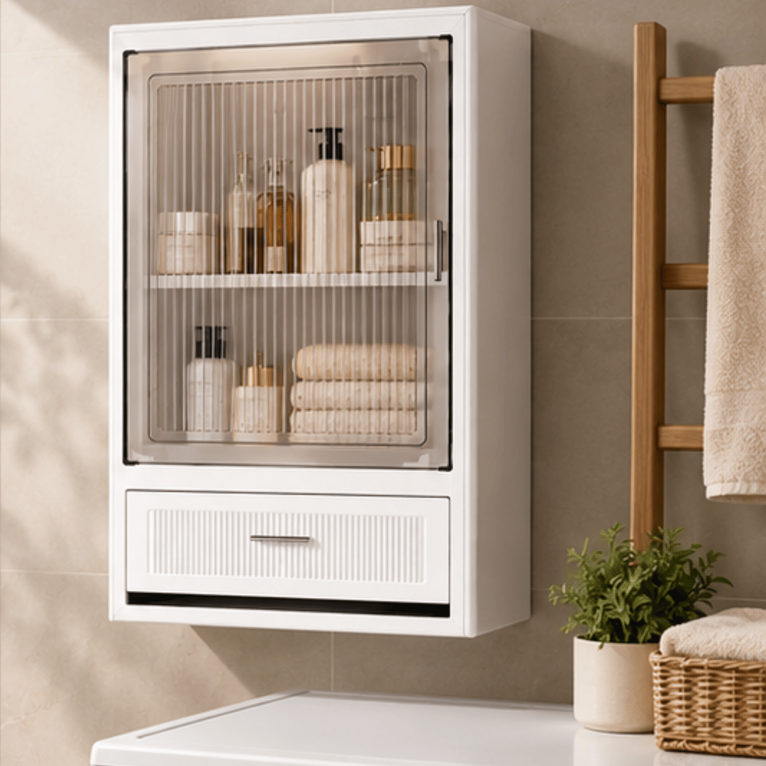 Wall Mounted Adjustable Shelves Storage Cabinet With Drawer & Magnetic Door