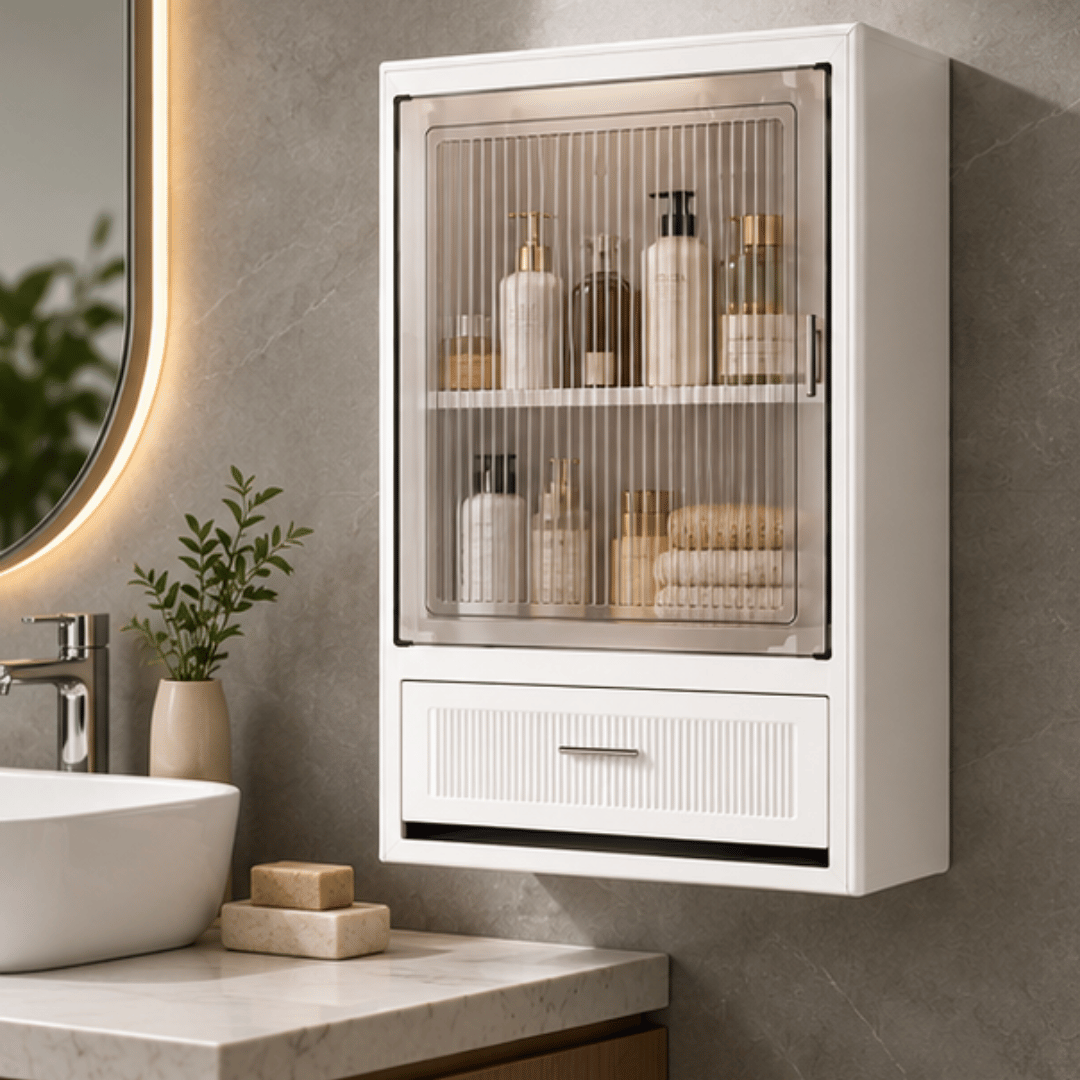 Wall Mounted Adjustable Shelves Storage Cabinet With Drawer & Magnetic Door