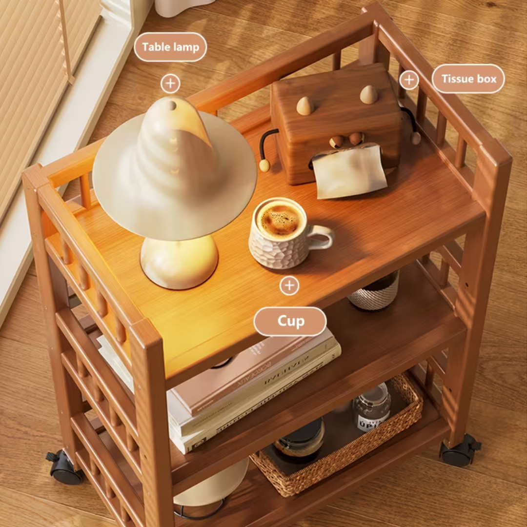 Homero 3-Tier Modern Wooden Media Storage Rack with Wheels