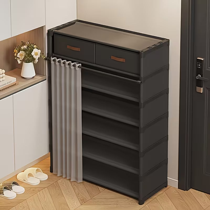 Multi Layer Shoe Organizer with Double Drawers and Sliding Curtain