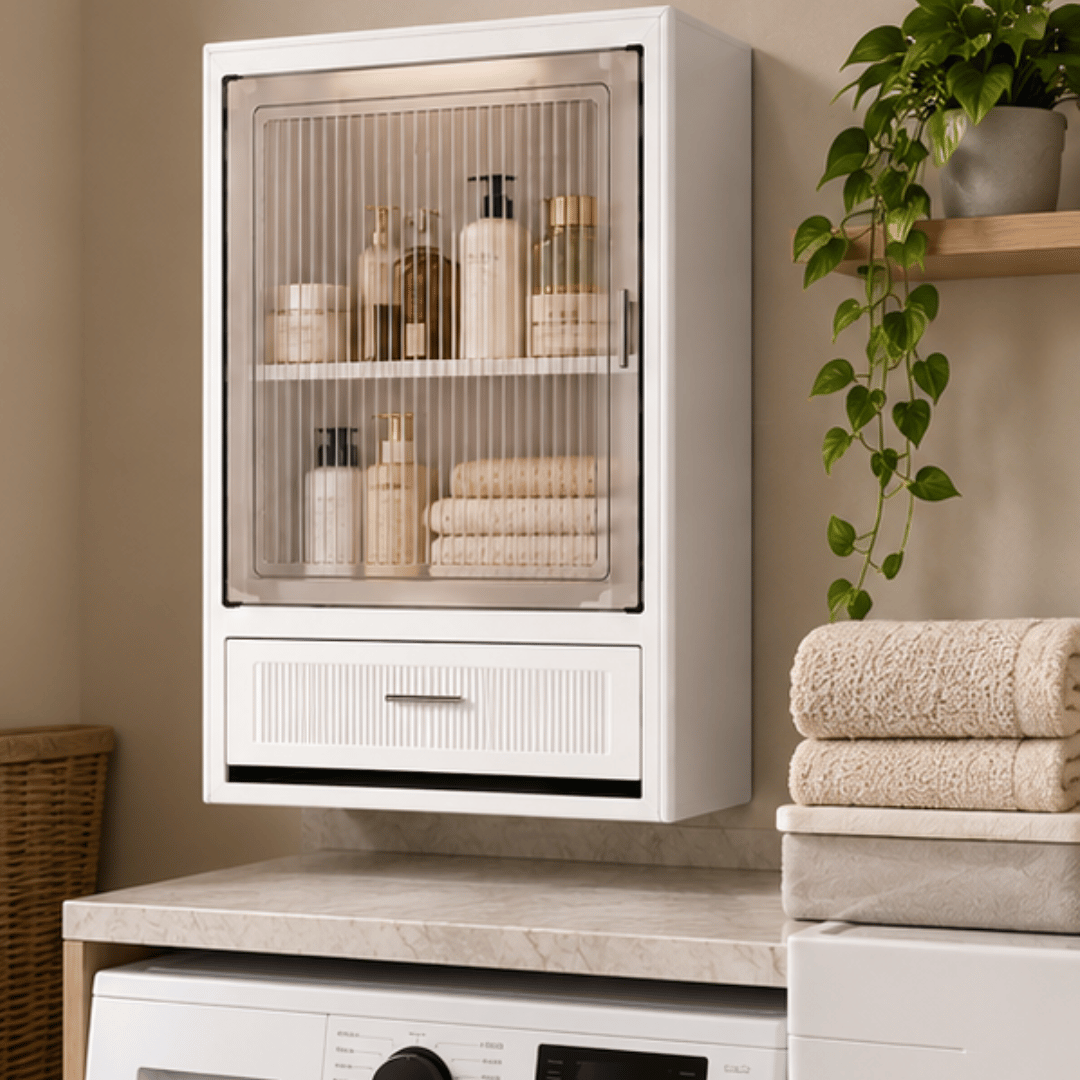 Wall Mounted Adjustable Shelves Storage Cabinet With Drawer & Magnetic Door