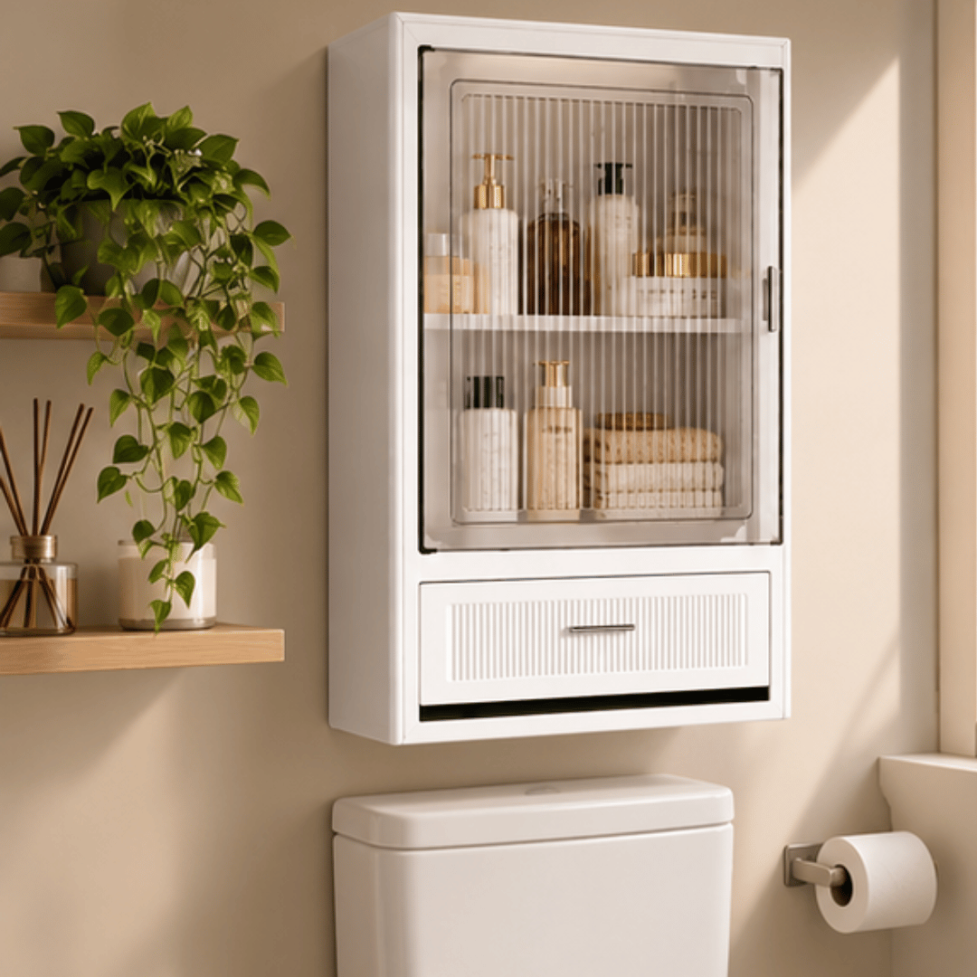Wall Mounted Adjustable Shelves Storage Cabinet With Drawer & Magnetic Door