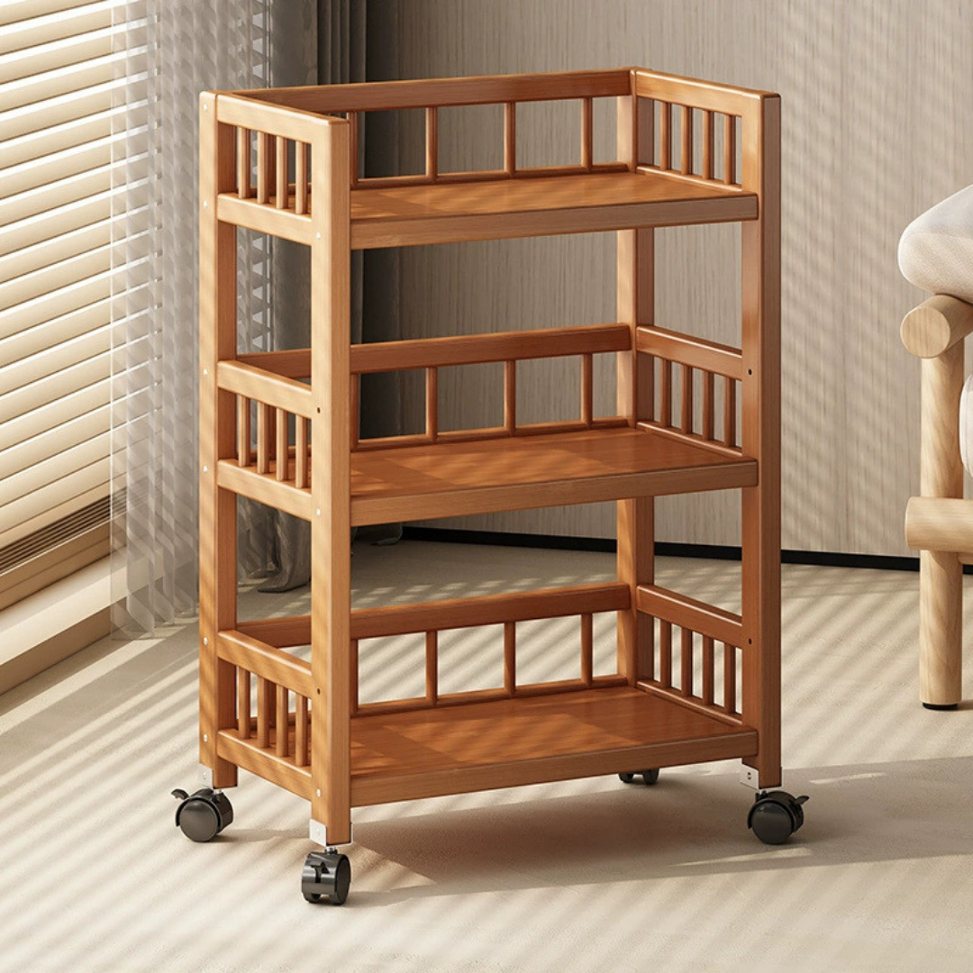 Homero 3-Tier Modern Wooden Media Storage Rack with Wheels