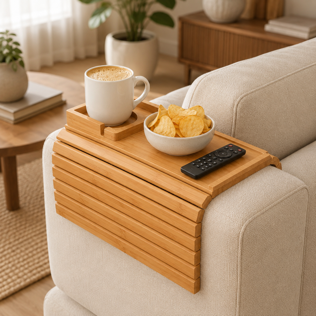Bamboo Couch Armrest Tray Table with Cup Holder & Snack Organizer