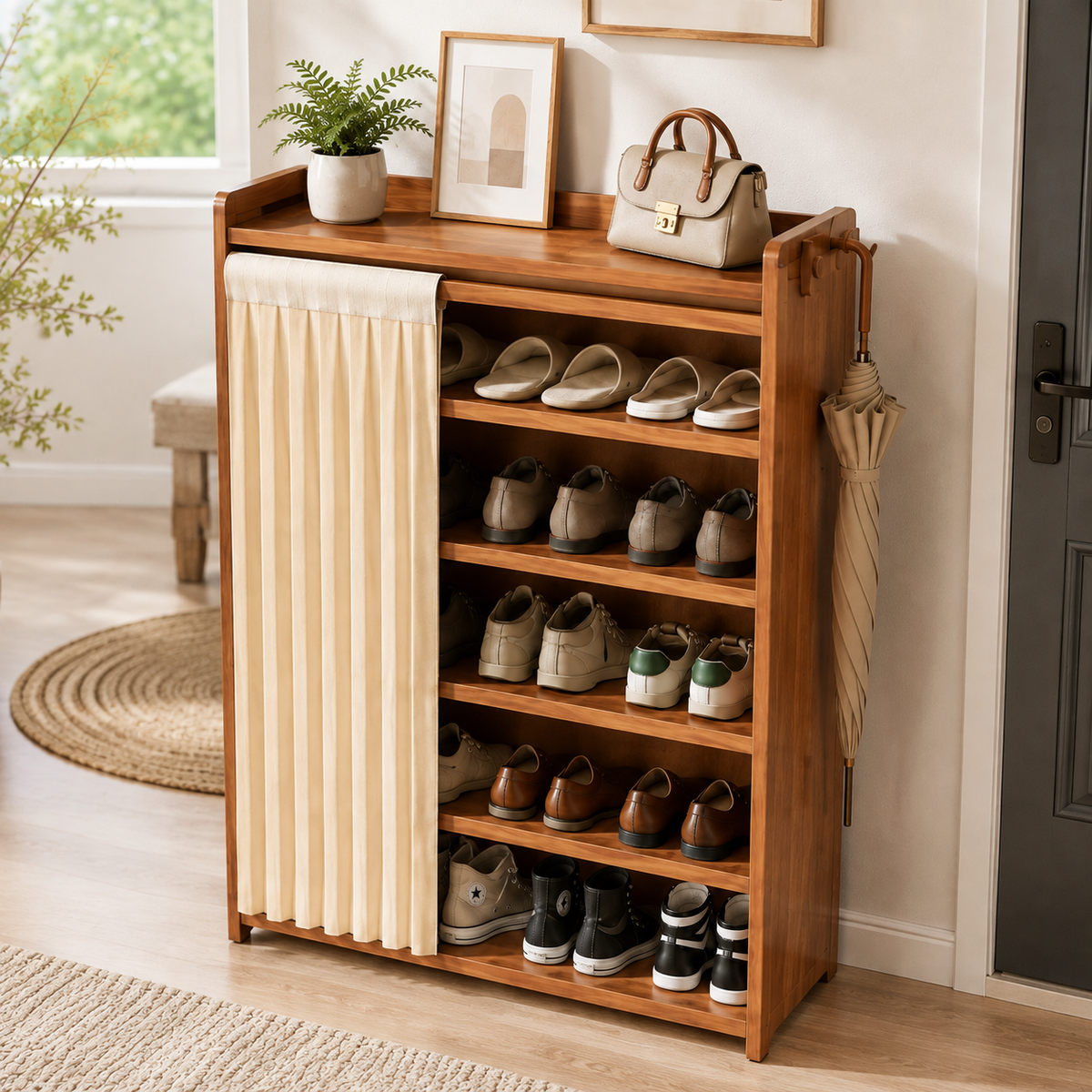 Multi Layer Bamboo Shoe Rack Cabinet with Dustproof Curtain
