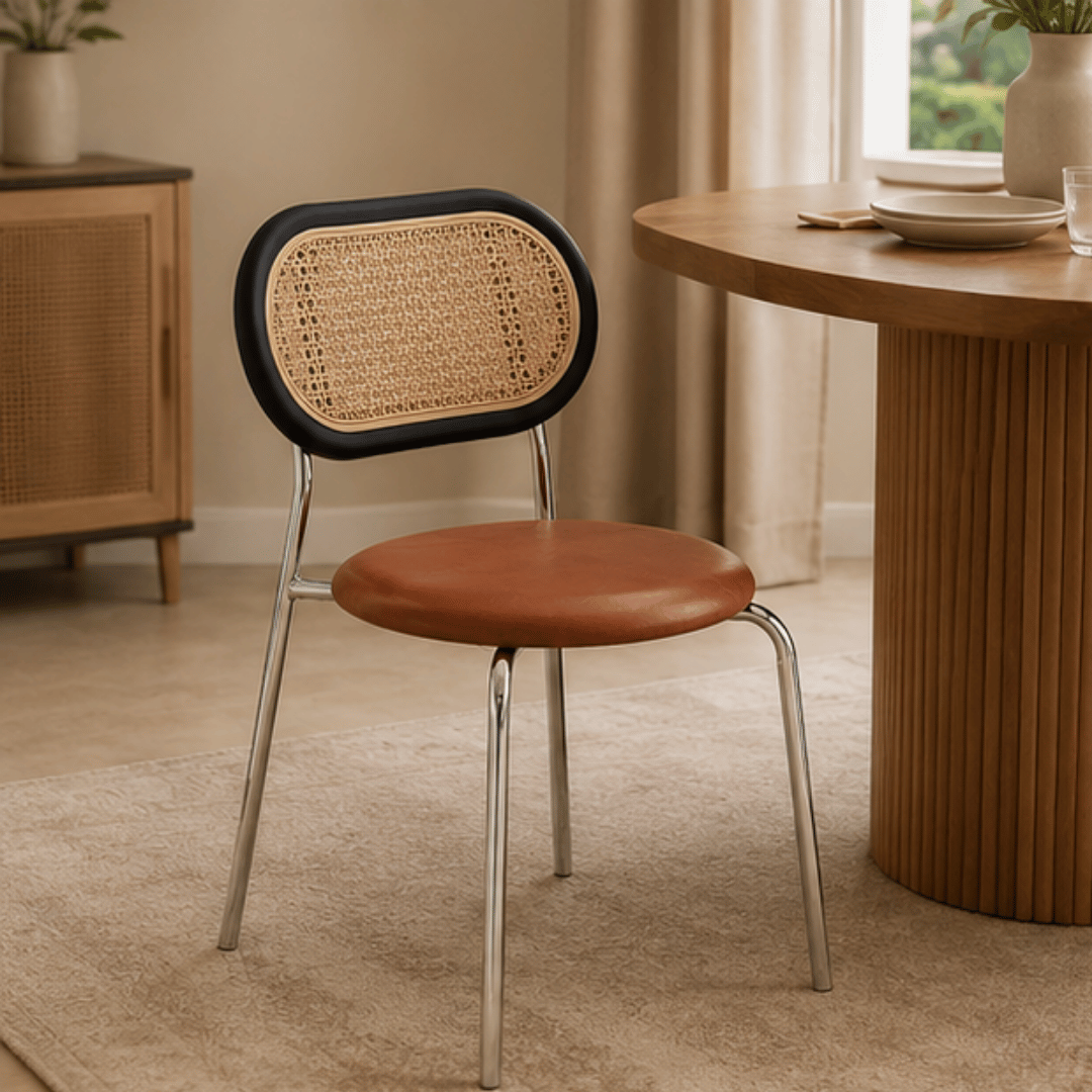 Elegant Rattan Ergonomic Backrest PU Leather Cushion Chair