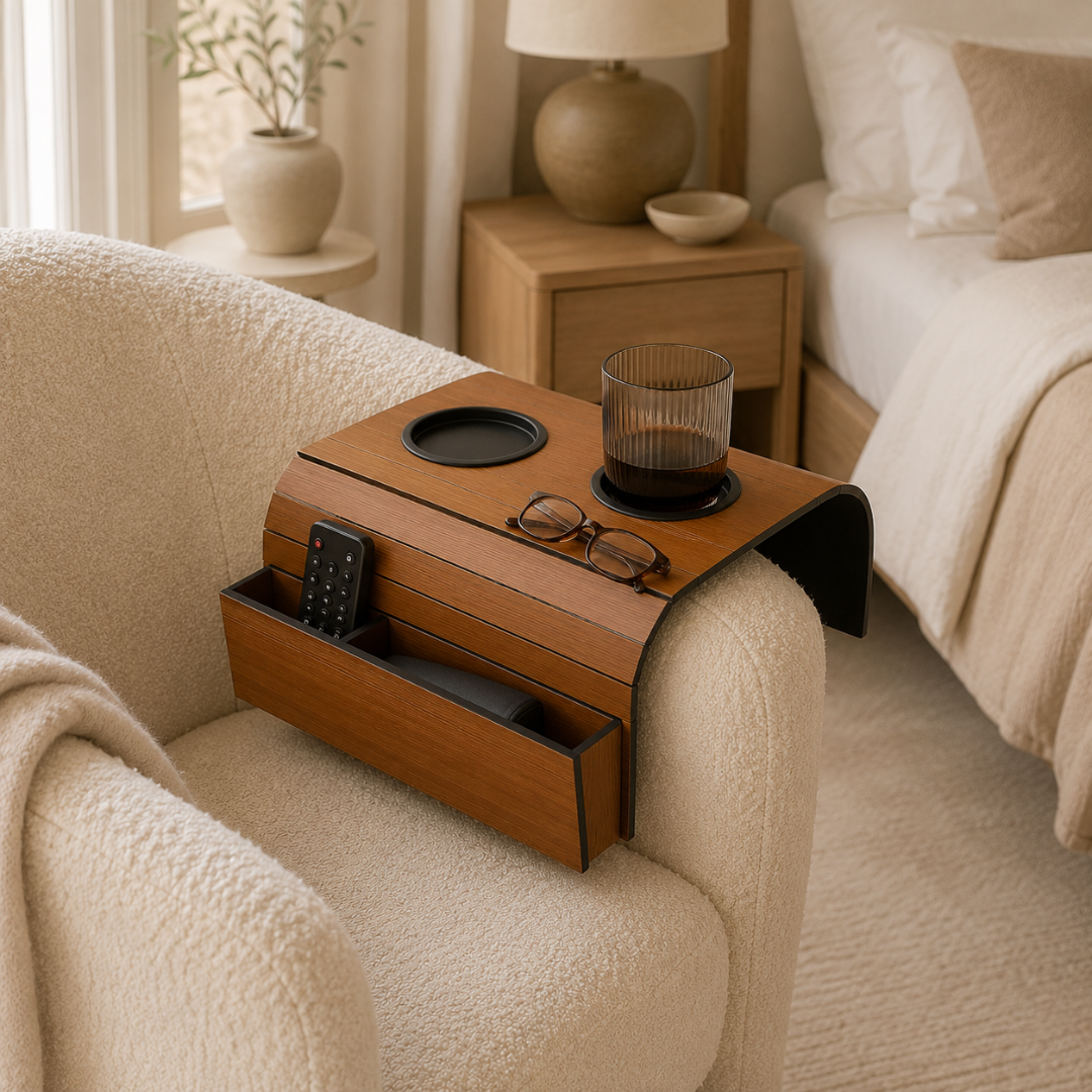Flexible Wooden Sofa Armrest Tray Table With Dual Cup Holders And Remote Storage
