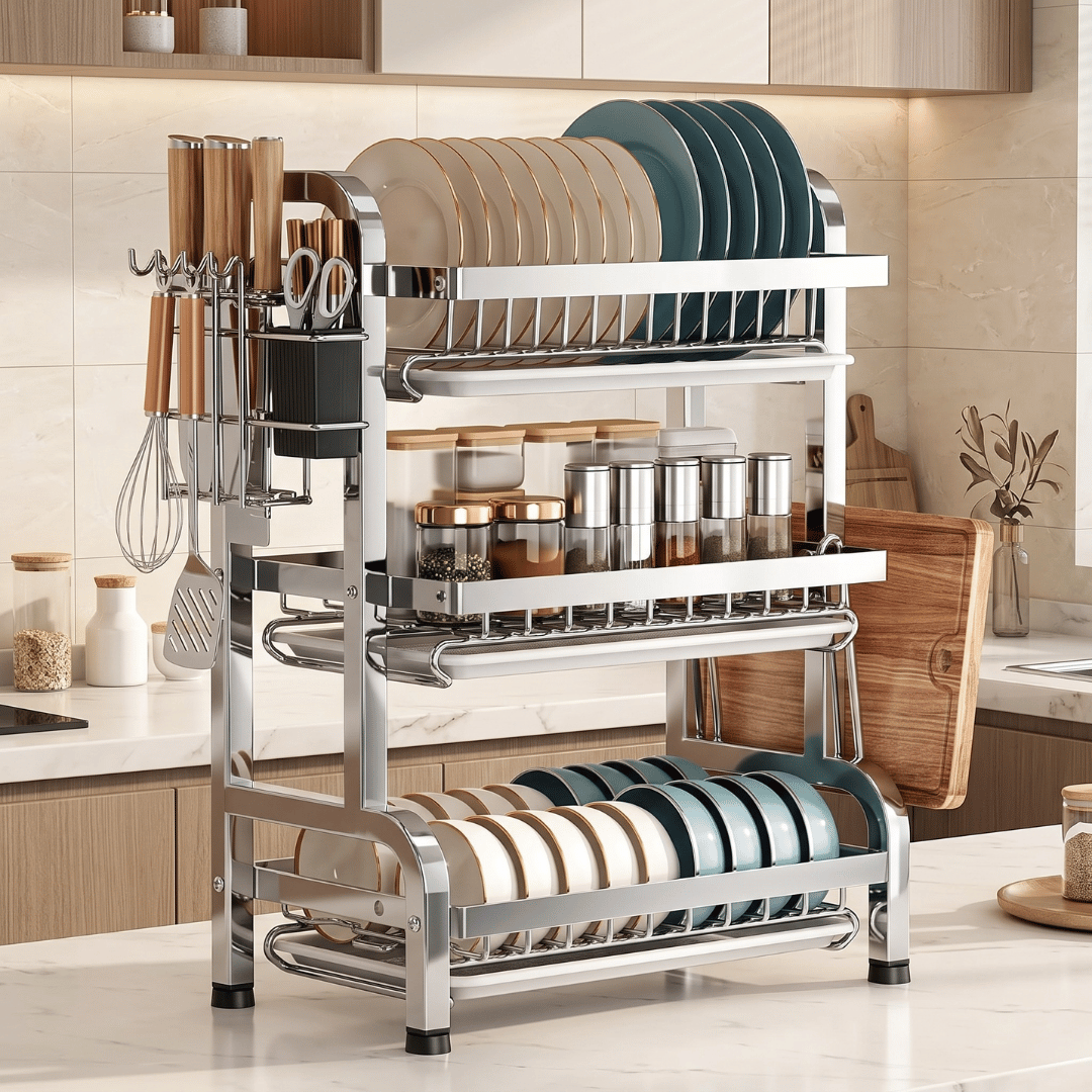 Multifunctional Three Layer Countertop Dish Organizer With Drain Trays