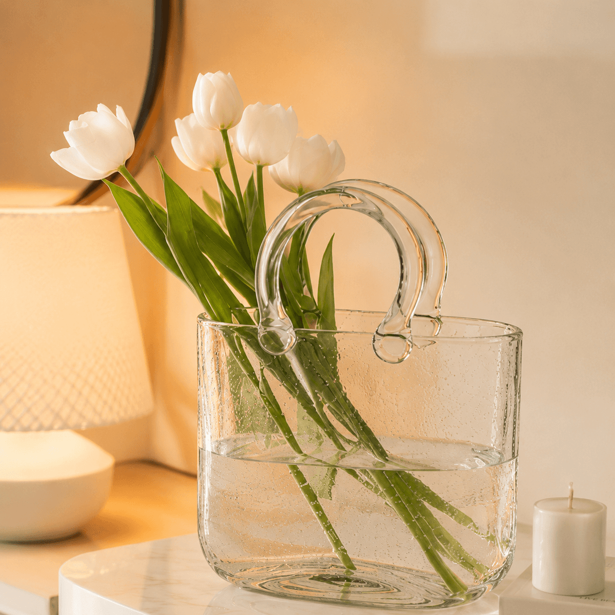 Homero Transparent Hand Blown Glass Vase with Elegant Purse Design