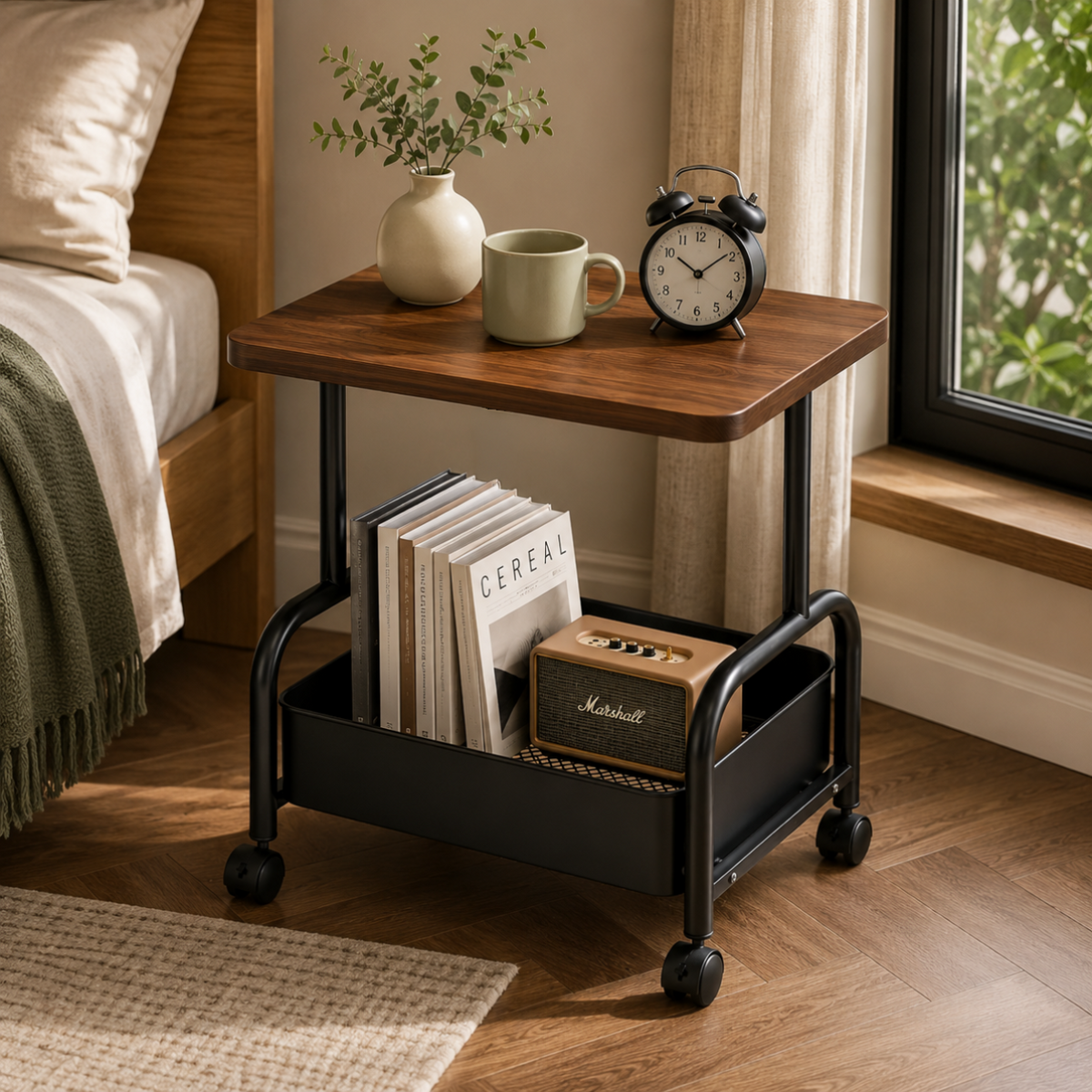 2-Tier Multi Purpose Utility Trolley Table with 360° Wheels