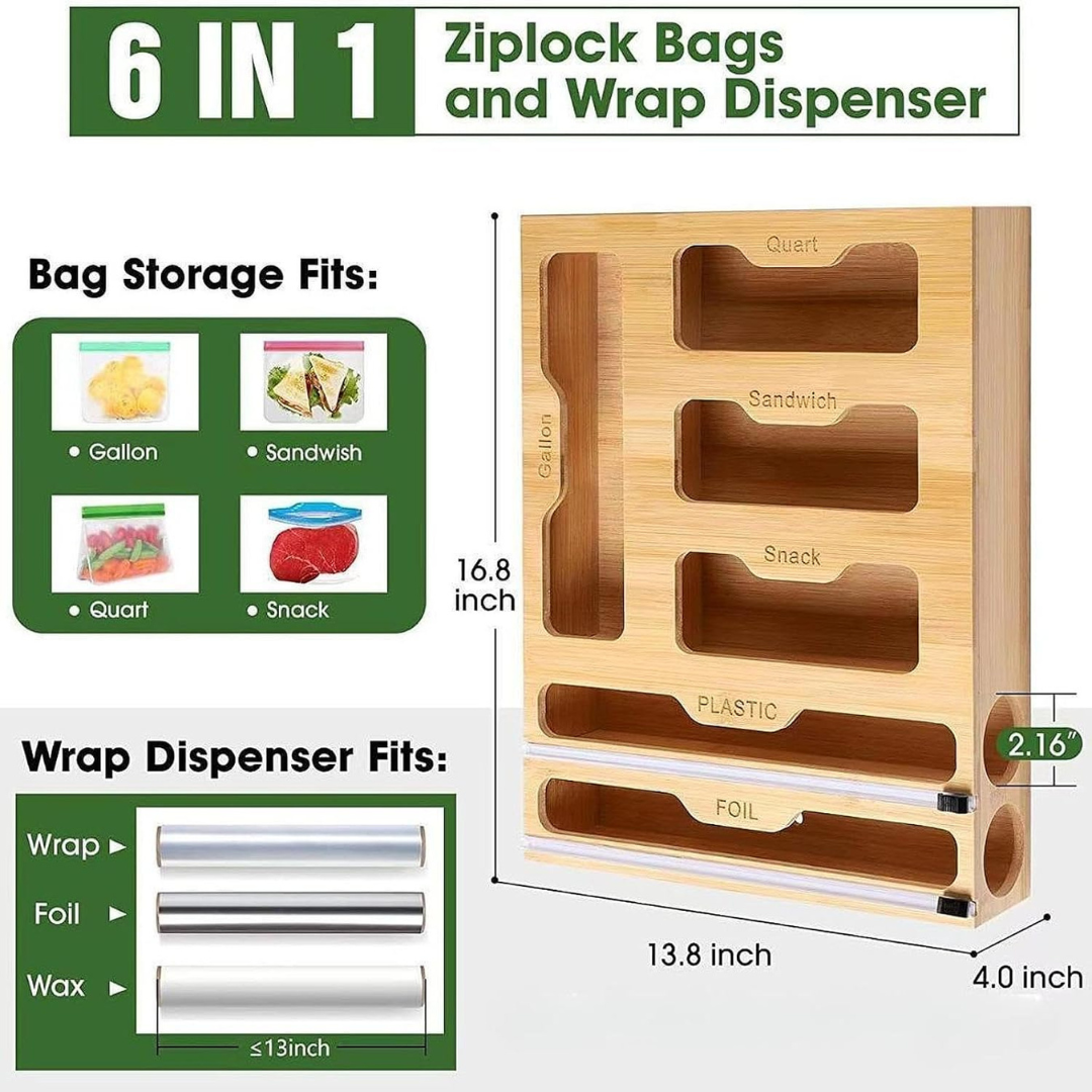 6 in 1 Bamboo Kitchen Storage Organizer with Bag Compartments and Wrap Cutters