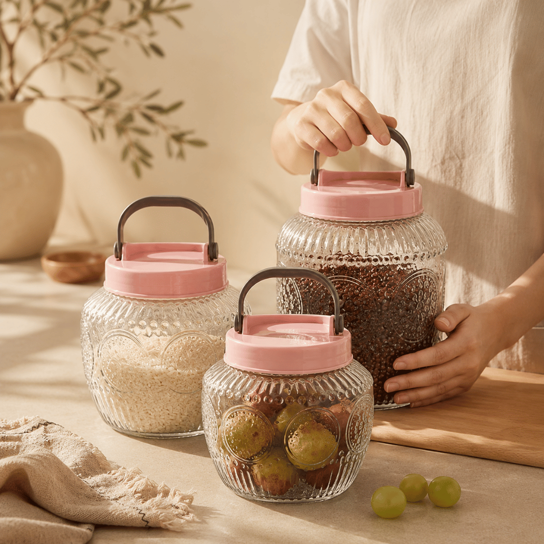 Homero Multi-Use Glass Jar with Handle and Airtight Lid Set of 3