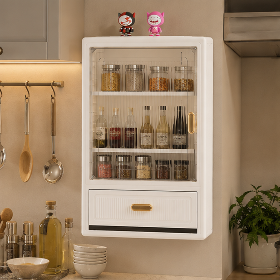 Elegant Wall Mounted Storage Cabinet With Fluted Glass & Drawer