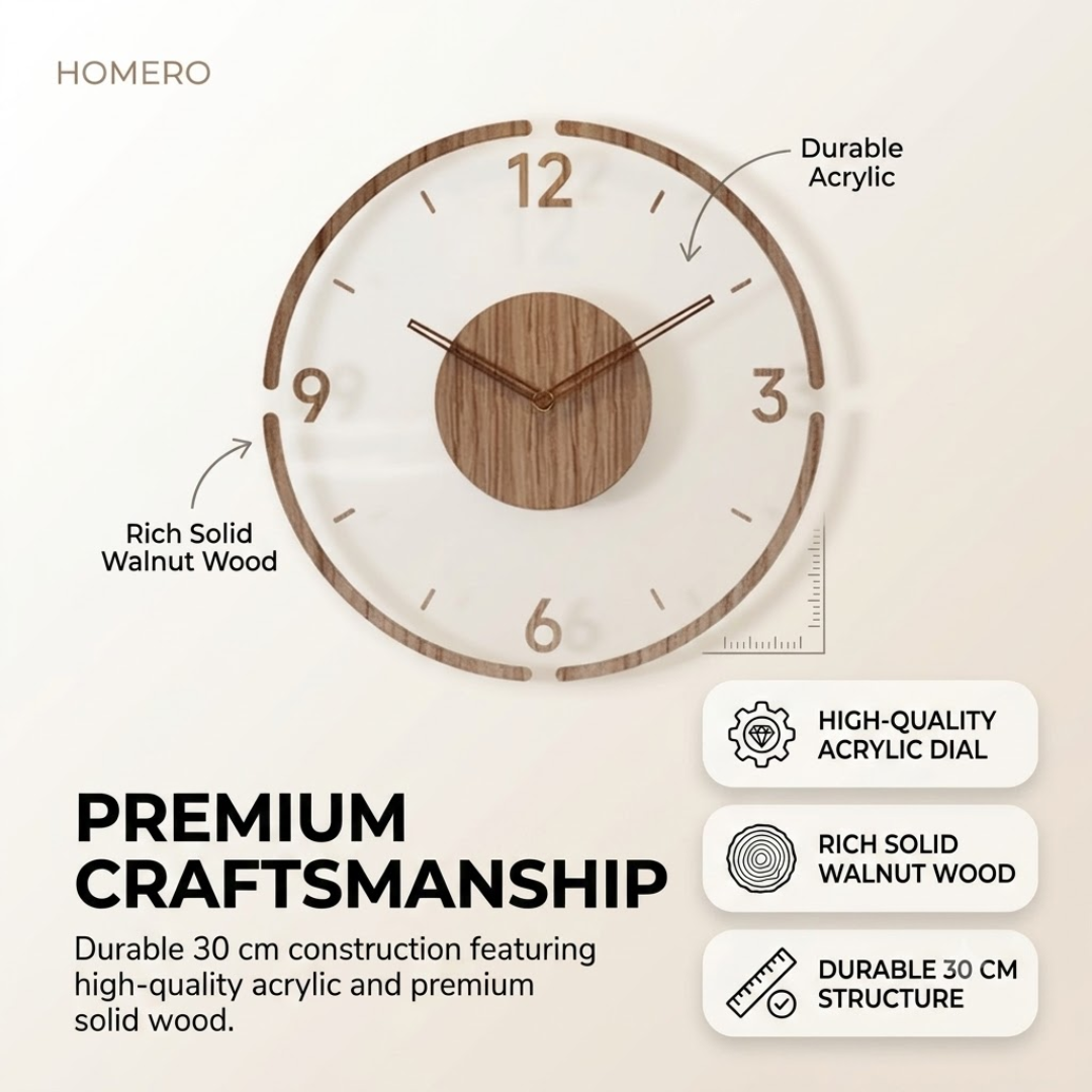 Premium Transparent Acrylic Walnut Wooden Silent Wall Clock