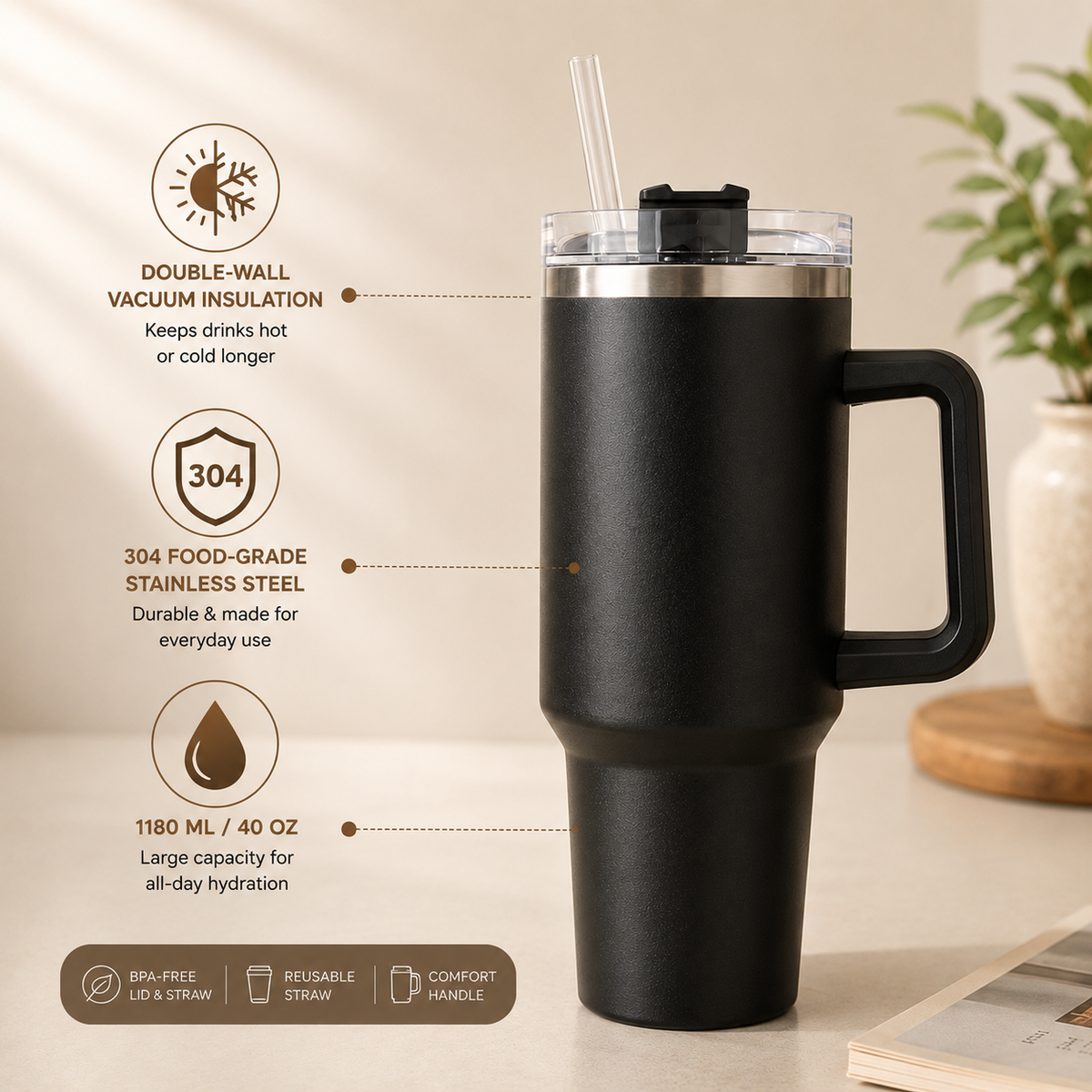 Double Wall Vacuum Insulation Stainless Steel Anti-Splash Tumbler