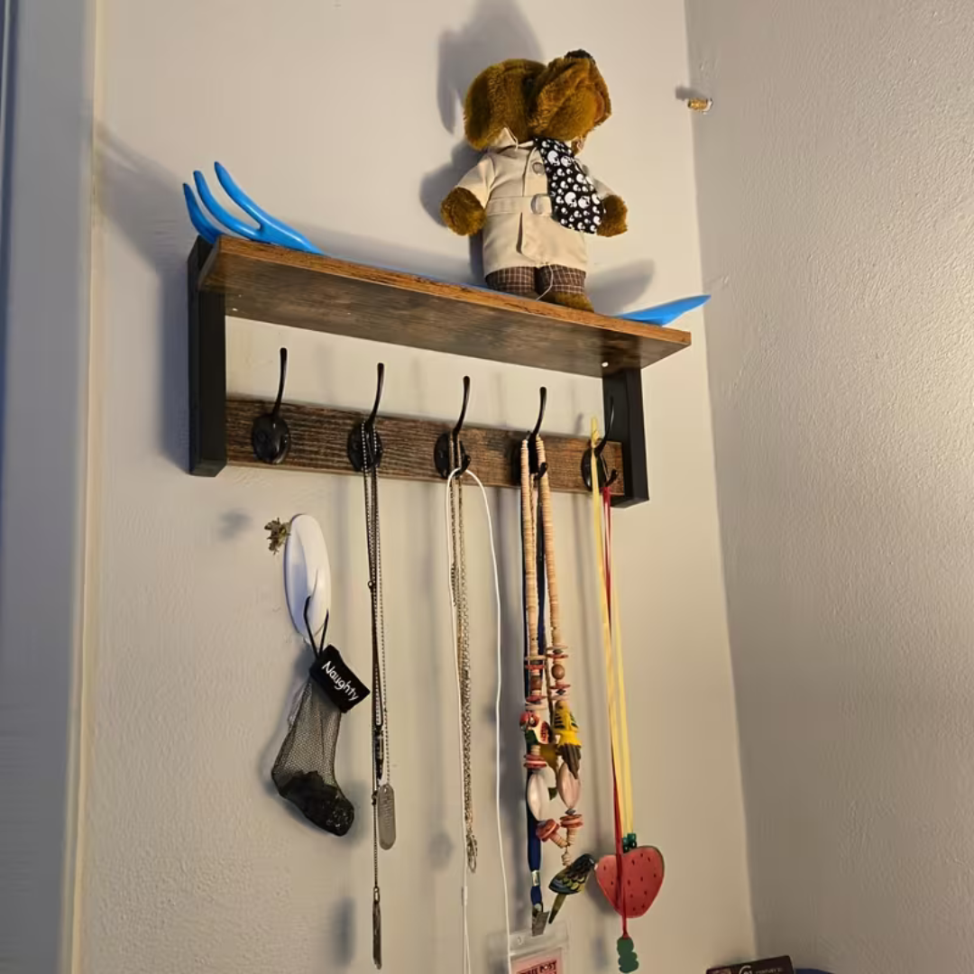 Multipurpose Wooden Wall Hanging Shelf with 5 Strong Metal Hooks