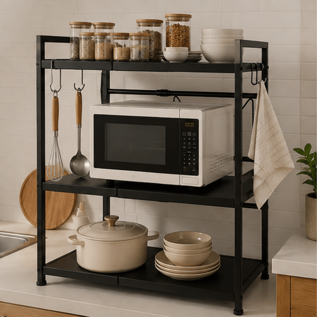 Two Tier Adjustable Microwave Oven Shelf Kitchen Counter Organizer with Hooks