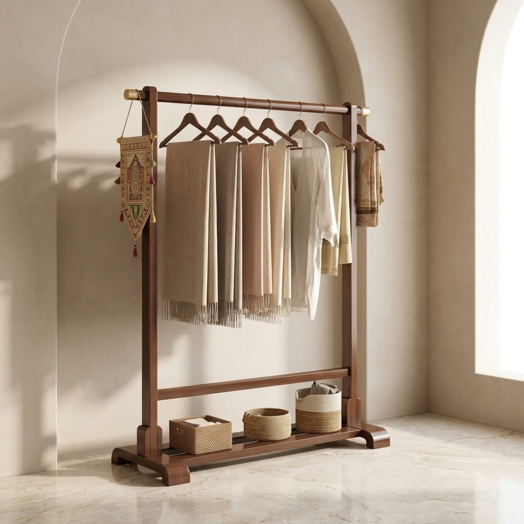Solid Bamboo Coat Rack Open Wardrobe Organizer Stand With Hanging Rail And Side Hooks