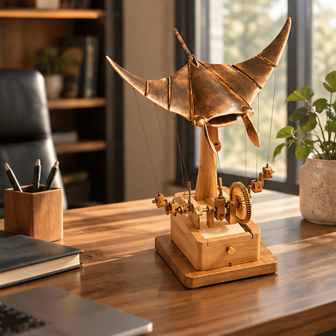 Handcrafted Wooden Manta Ray Automation Kinetic Art Sculpture