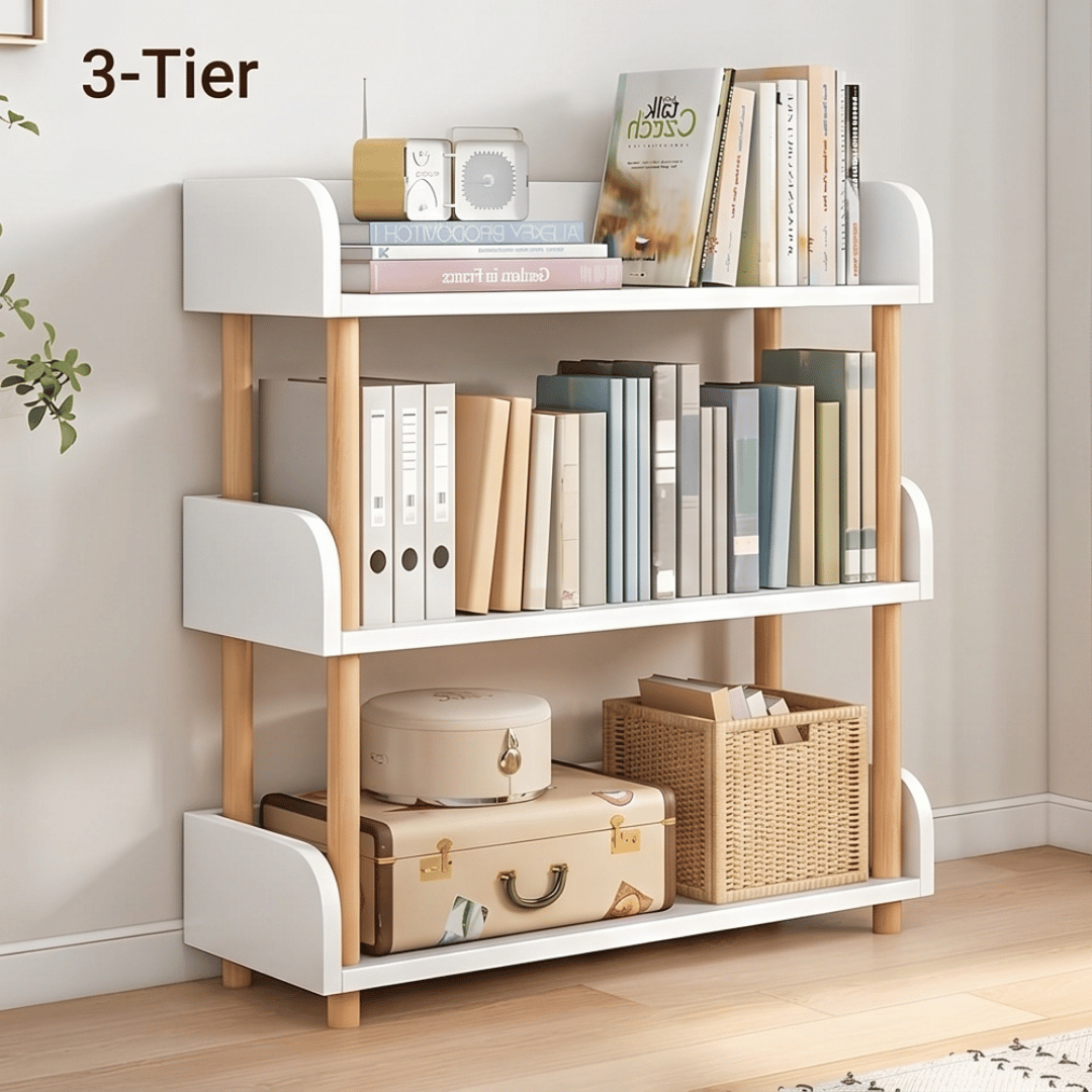 Elegant Floor Standing Display Shelf with Upright Storage and Beech Wood Legs