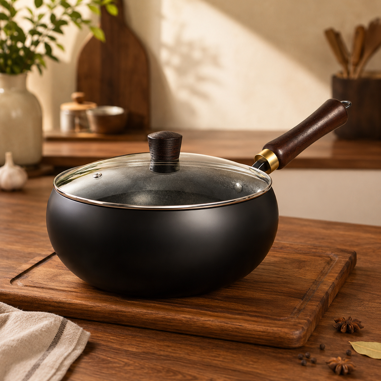 Homero Premium Iron Frying Wok Pan with Glass Lid - 24CM Black