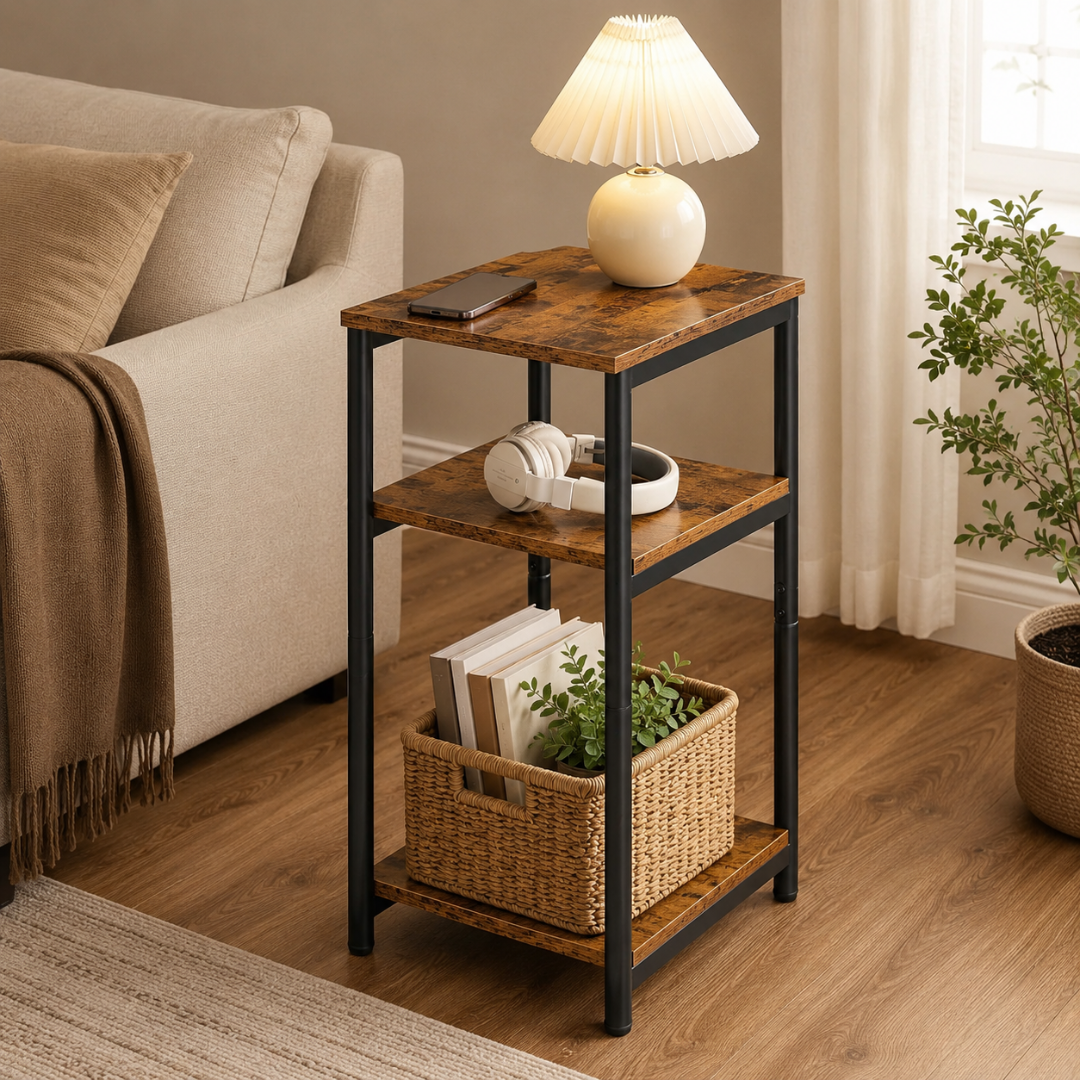 Rustic Brown Three Tier Storage Steel Frame Side Table