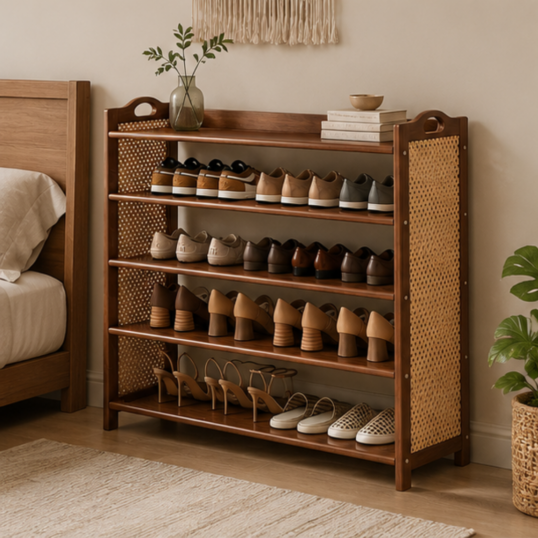 5 Tier Bamboo Shoe Rack with Woven Rattan Panels