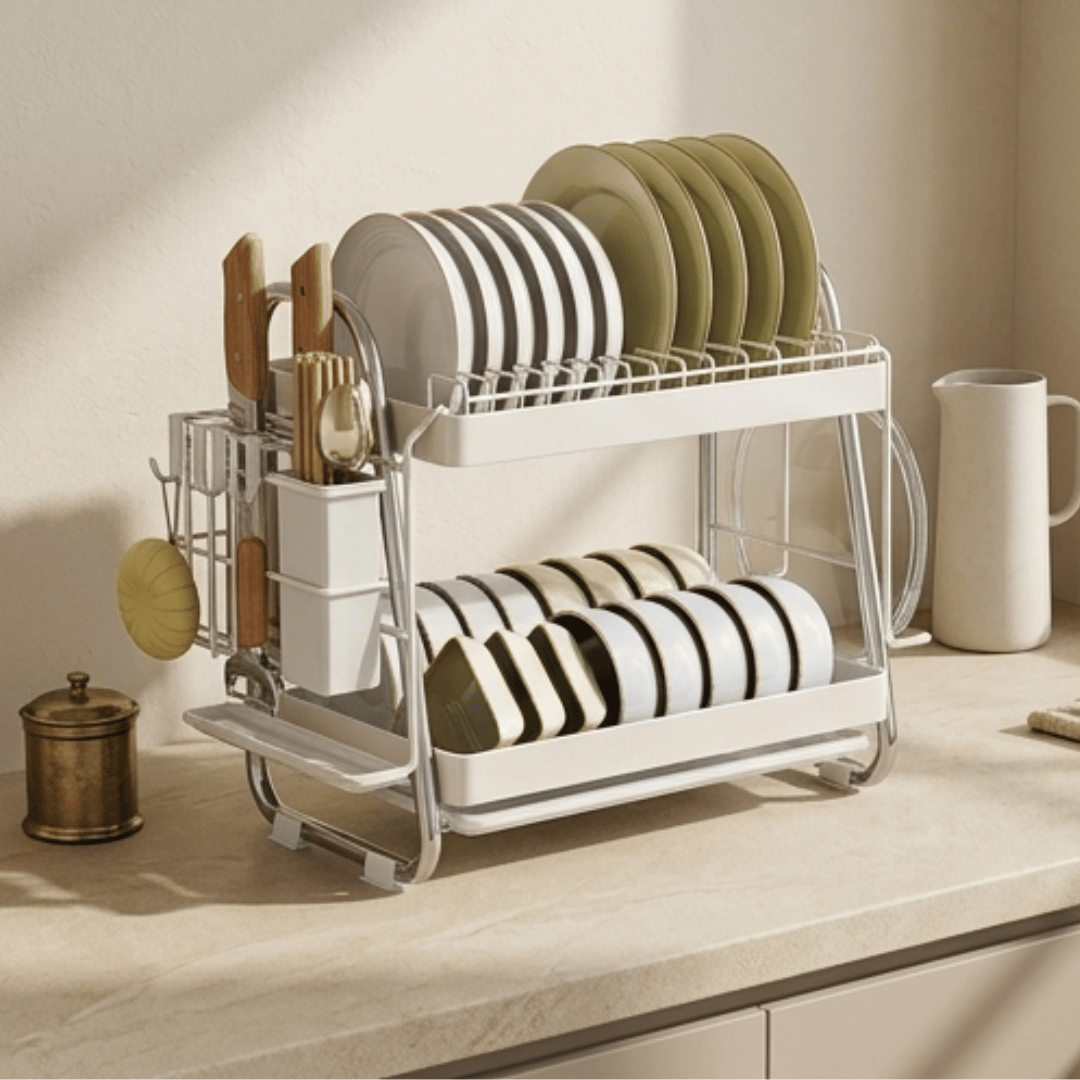 Premium Two Tier Carbon Steel Dish Rack With Cutlery Holder Knife Slots And Drip Tray
