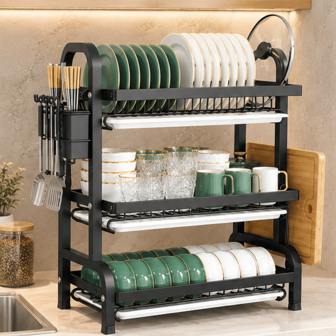 3 Tier Kitchen Dish Drying Rack with Drain Trays Cutlery Holder and Cutting Board Holder