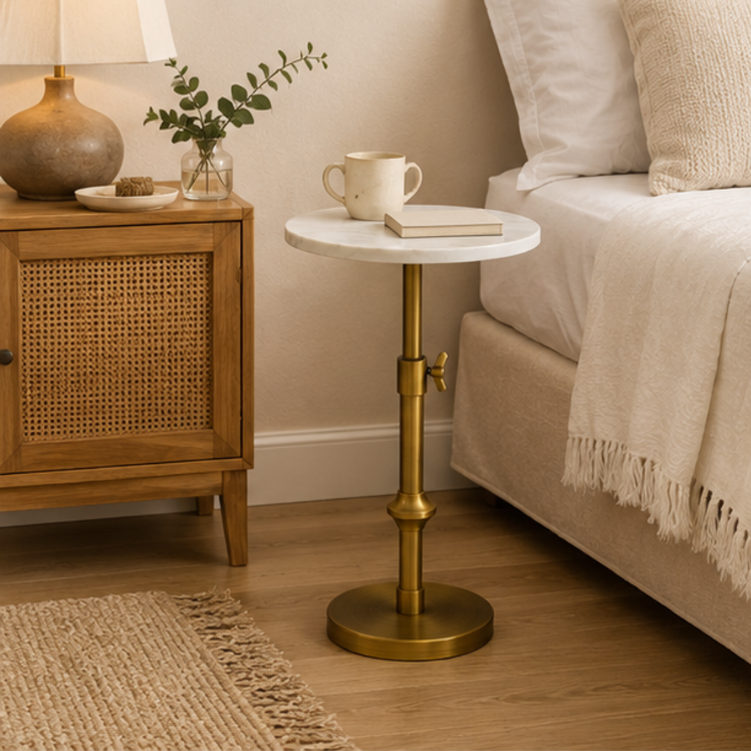 Modern White Marble Side Table With Adjustable Height Antique Brass Base