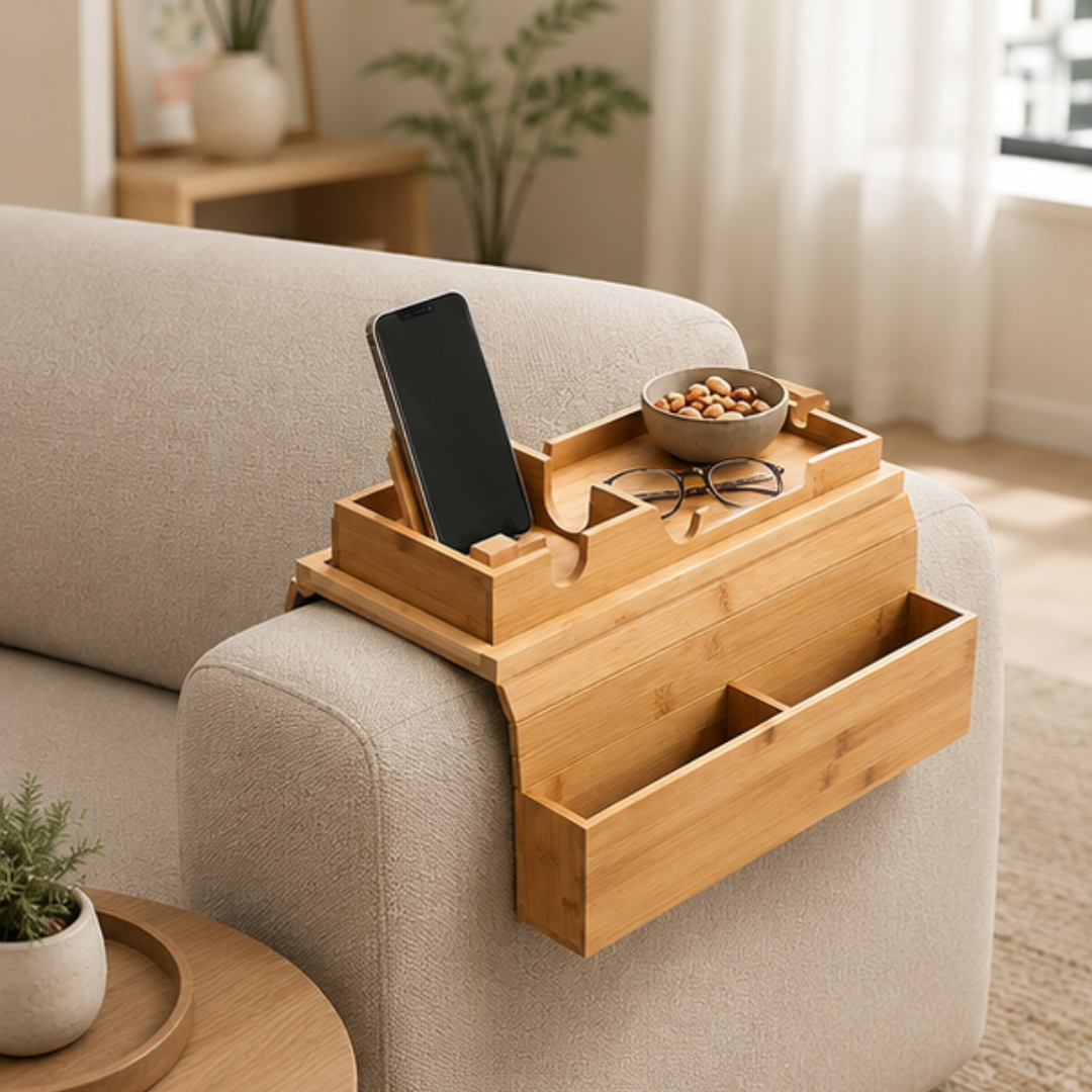Multipurpose Adjustable Bamboo Couch Armrest Tray with Cup Holder and Organizer