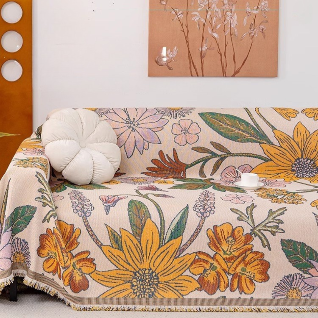 Soft Cotton Sofa Cover with Handwoven Fringe and Floral Texture