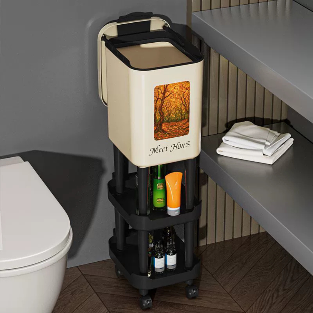Elevated Rolling Kitchen Trash Bin with Storage Shelf