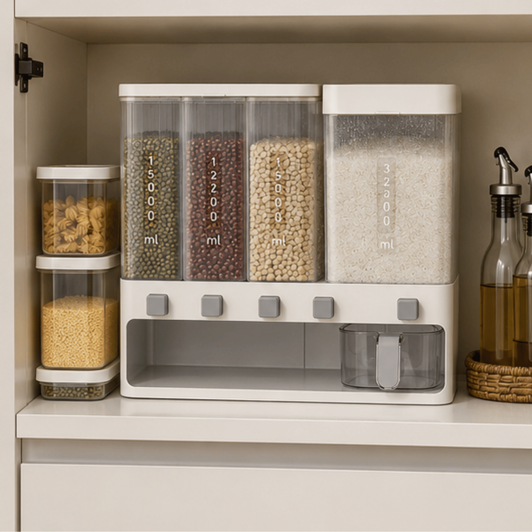 Multi Compartment Rice and Grain Dispenser with Press Dispensing & Measuring Cup
