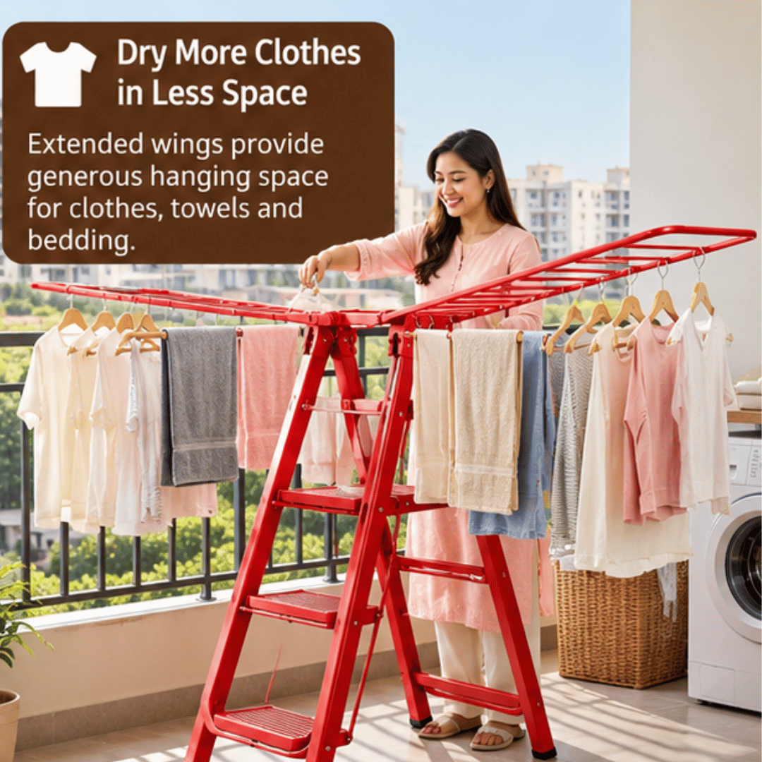Multipurpose Foldable Steel Step Ladder with Integrated Clothes Drying Rack and Extended Wings