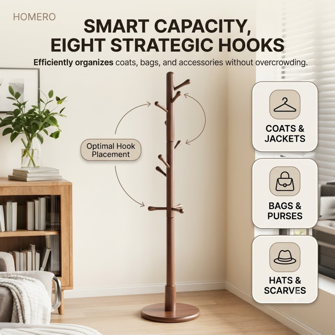 Natural Sheesham Wood Freestanding Coat Rack with Eight Hooks