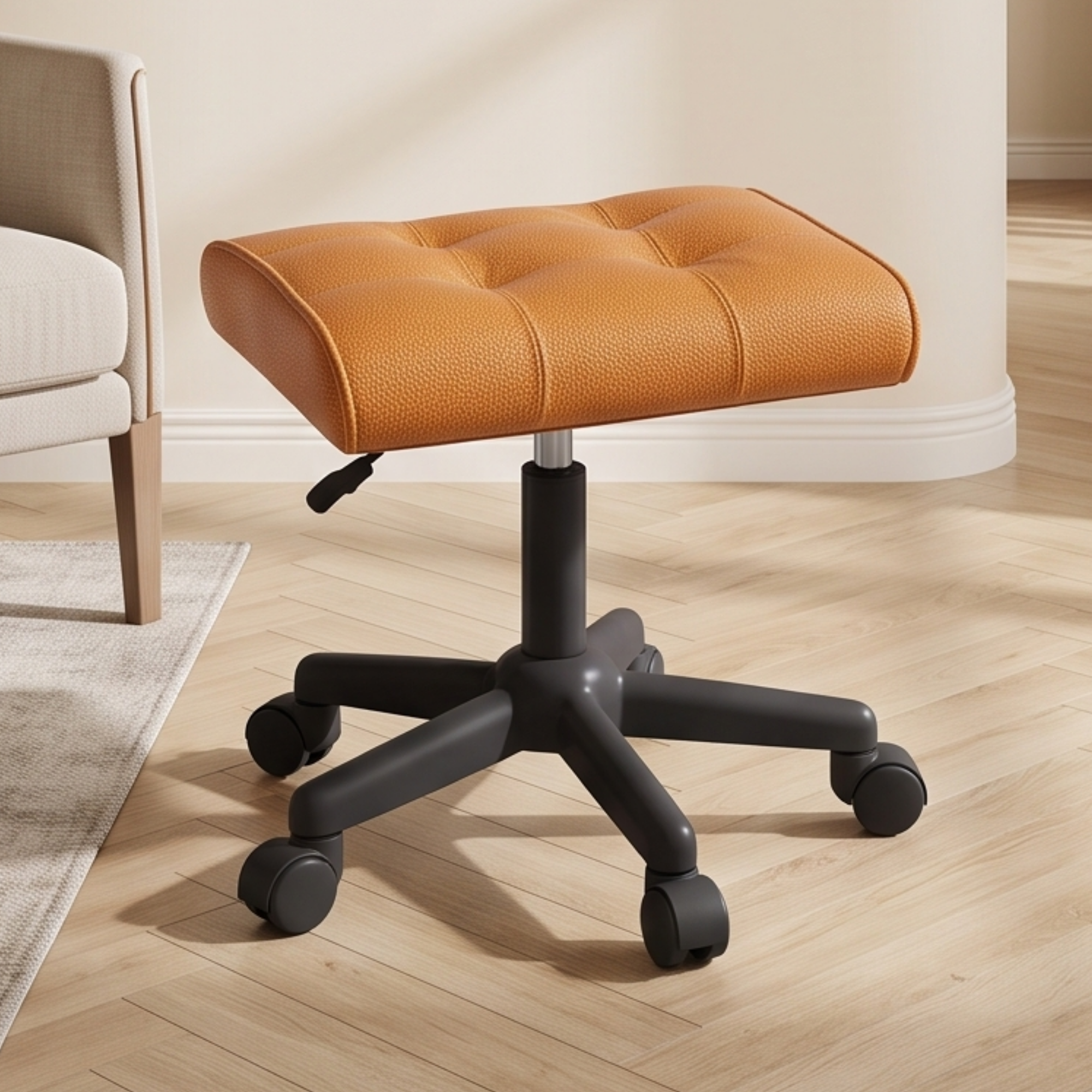 Adjustable Leather Footrest Stool with Thick Cushion