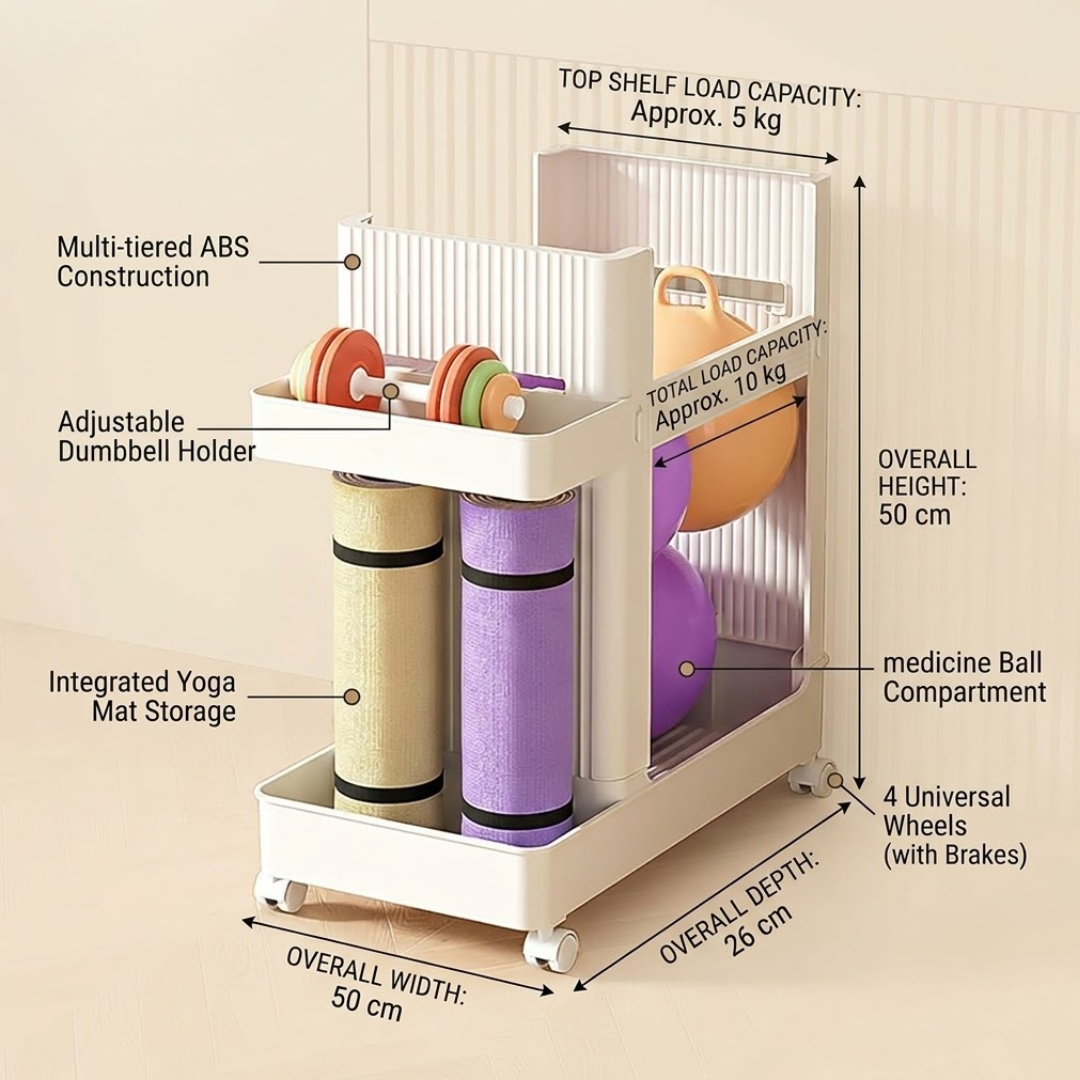 Multipurpose Yoga Mat and Fitness Equipment Storage Rack with Wheels