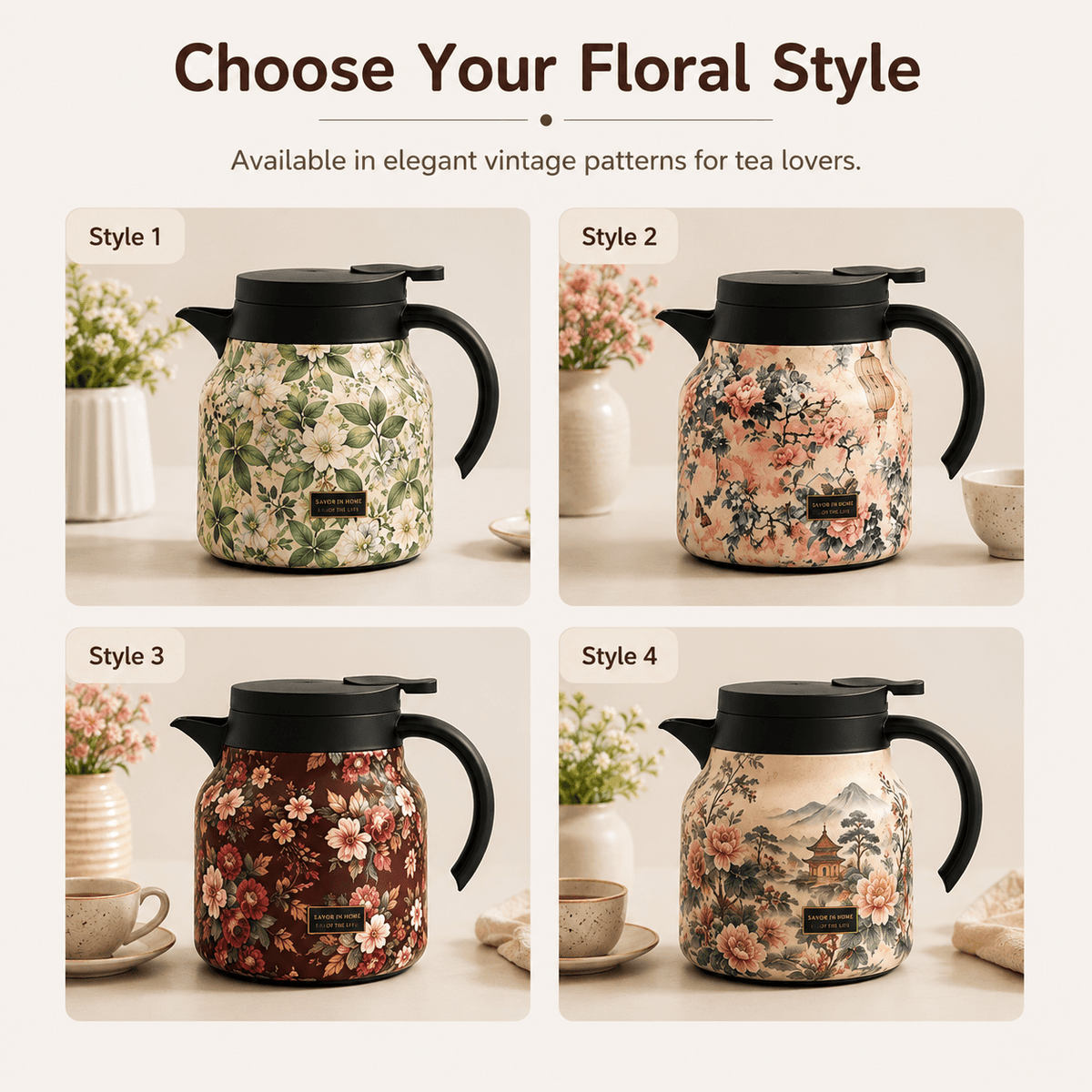 Homero Vintage Floral Stainless Steel Elegant Insulated Teapot - 800ml