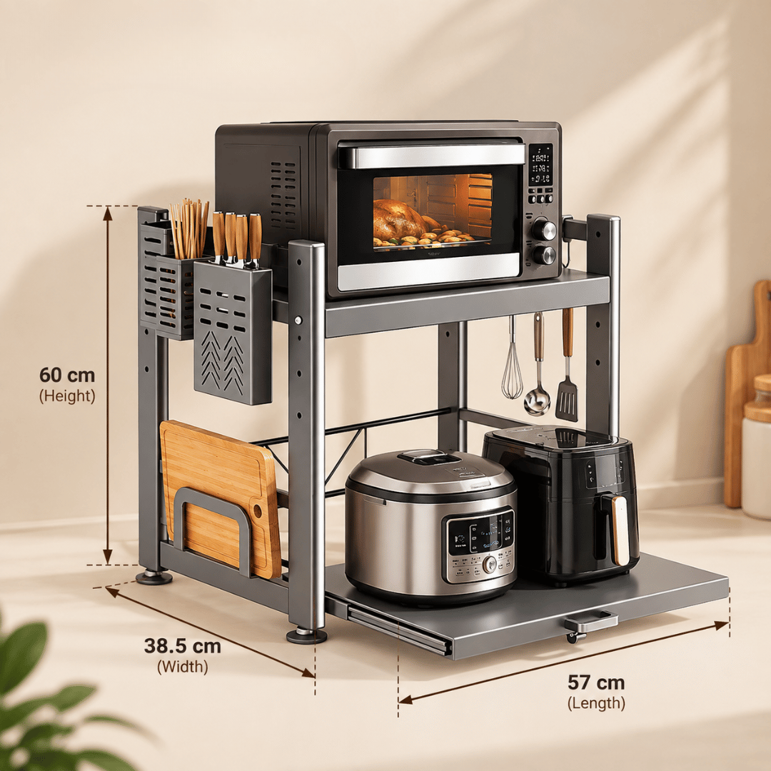 Heavy Duty Two Tier Microwave & Utensils Storage Rack with Adjustable Shelves and Hooks