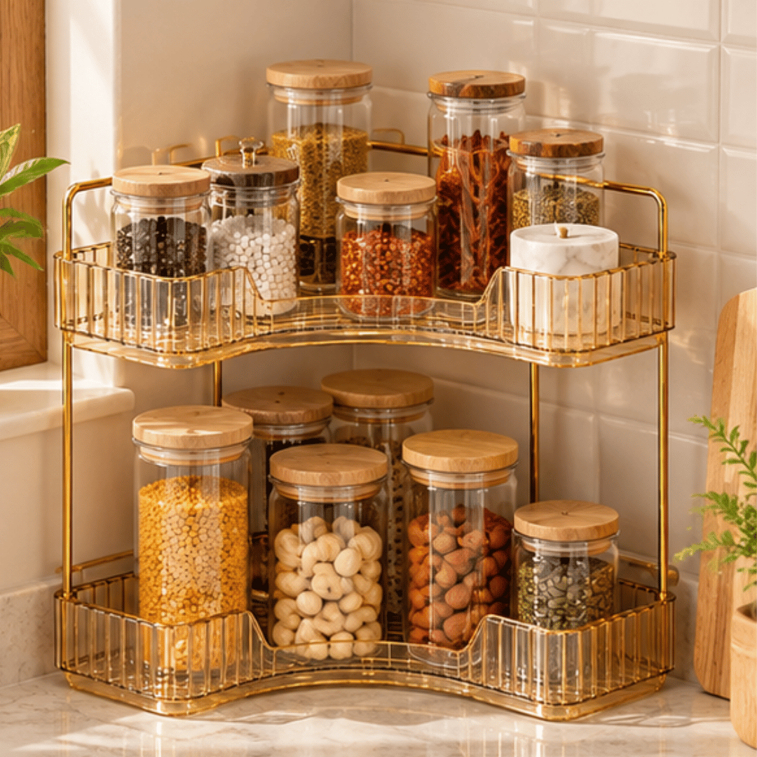 2 Tier Corner Bathroom Counter Organizer with Amber Gold Trays