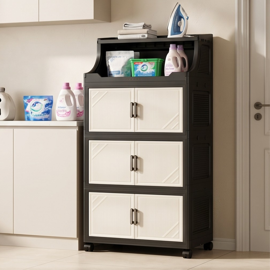 Multi Tier Folding Storage Cabinet with Wheels & Magnetic Doors