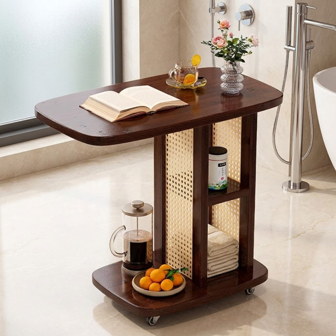 Wooden C Shaped Mobile Sofa Side Table with Woven Resin Storage