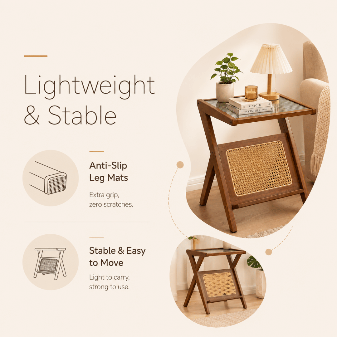 Elegant Z-Shape Boho Wooden Side Table with Toughened Glass Top