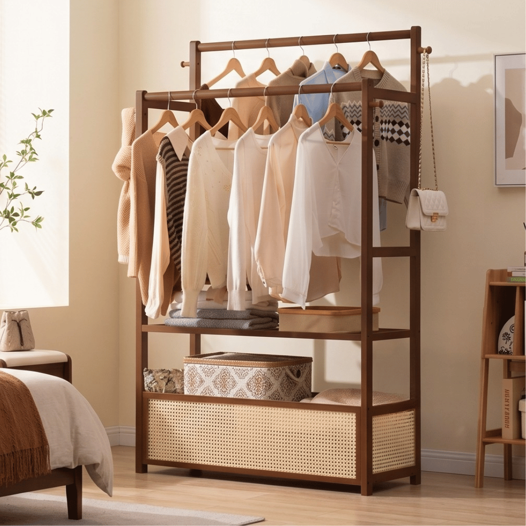 Multifunctional Bamboo Garment Rack with Double Hanging Rods & Rattan Cabinet Storage Shelf
