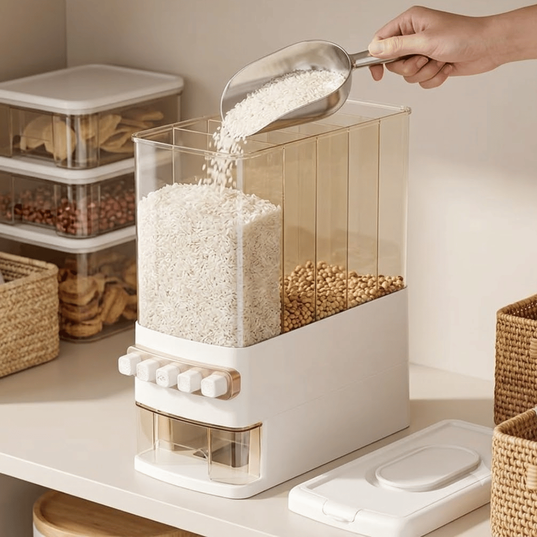 5 Grid Airtight Grain Dispenser with Push Button & Measuring Cup
