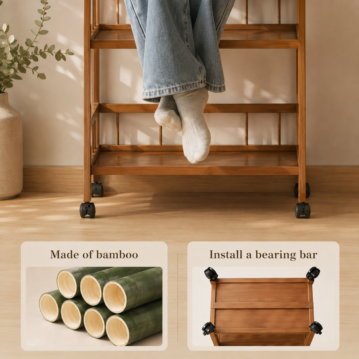 Homero 3-Tier Modern Wooden Media Storage Rack with Wheels