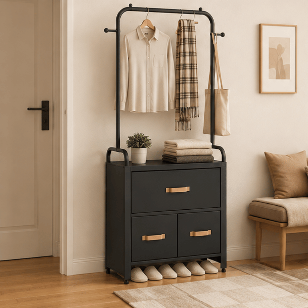 Multifunctional Coat Rack with Drawers Hooks and Hanging Storage Organizer