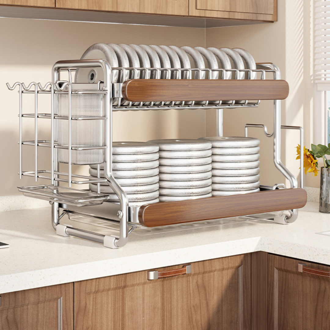Premium Stainless Steel Dish Drying Rack with Solid Wood Storage Organizer